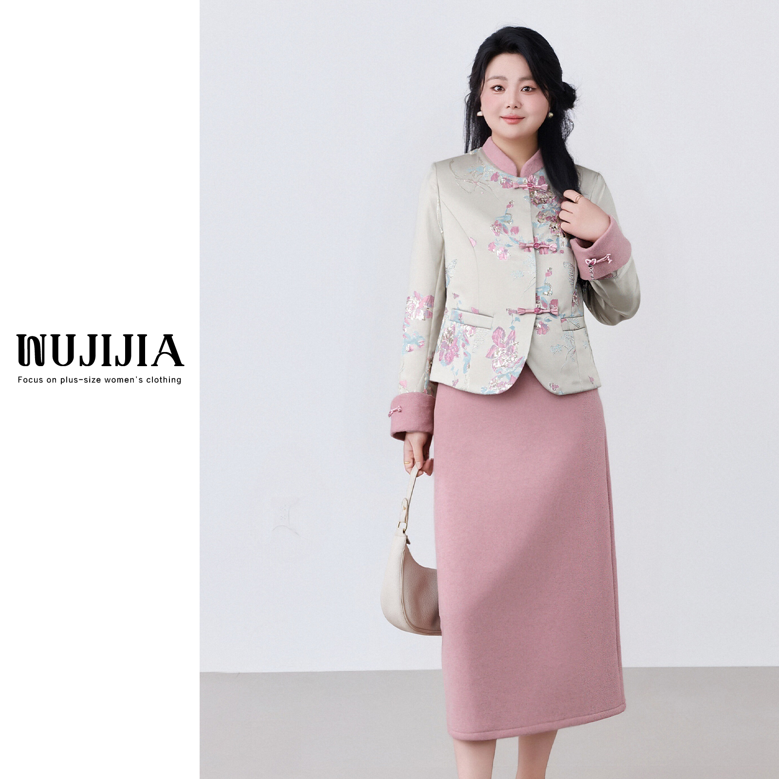 五季家/【桃溪渡】新中式杏色羽绒上衣+粉色长半裙两件套ZL112933