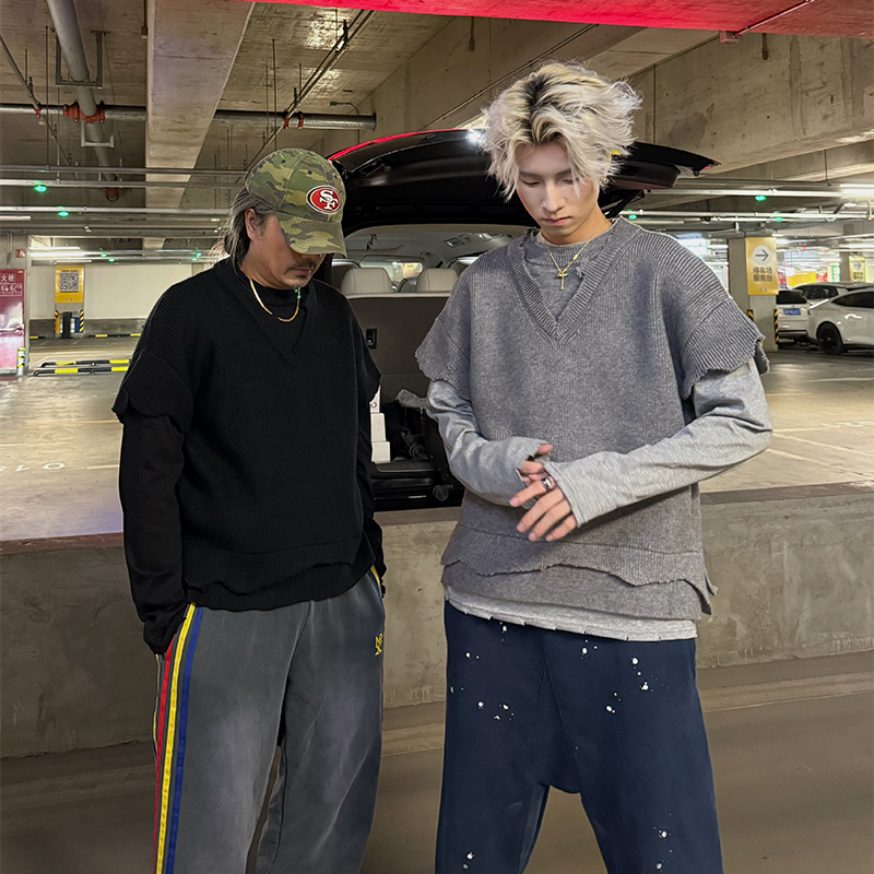 【促】 白鹤大人ins美式休闲套头假两件针织衫女小众破坏解构毛衣男