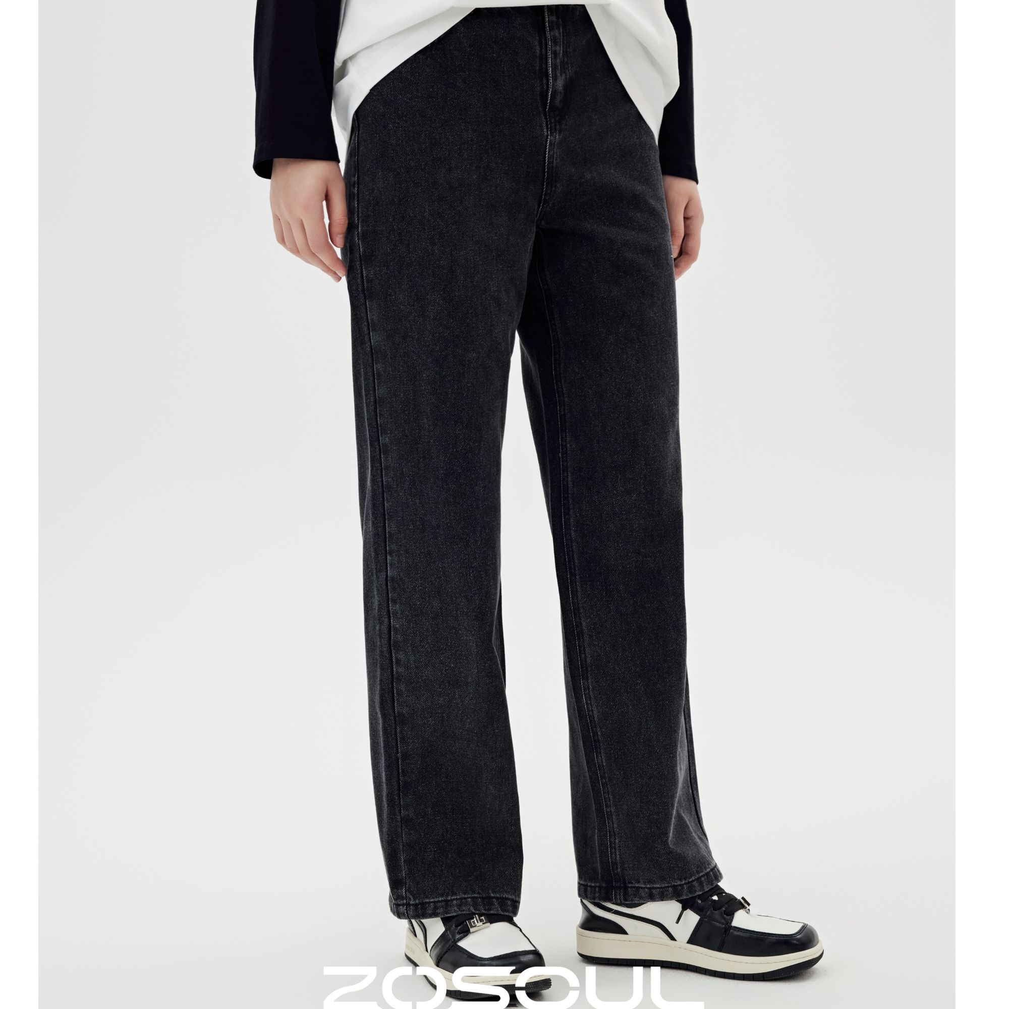 【ZOSOUL/佐色】高腰休闲黑色牛仔裤（124181352）