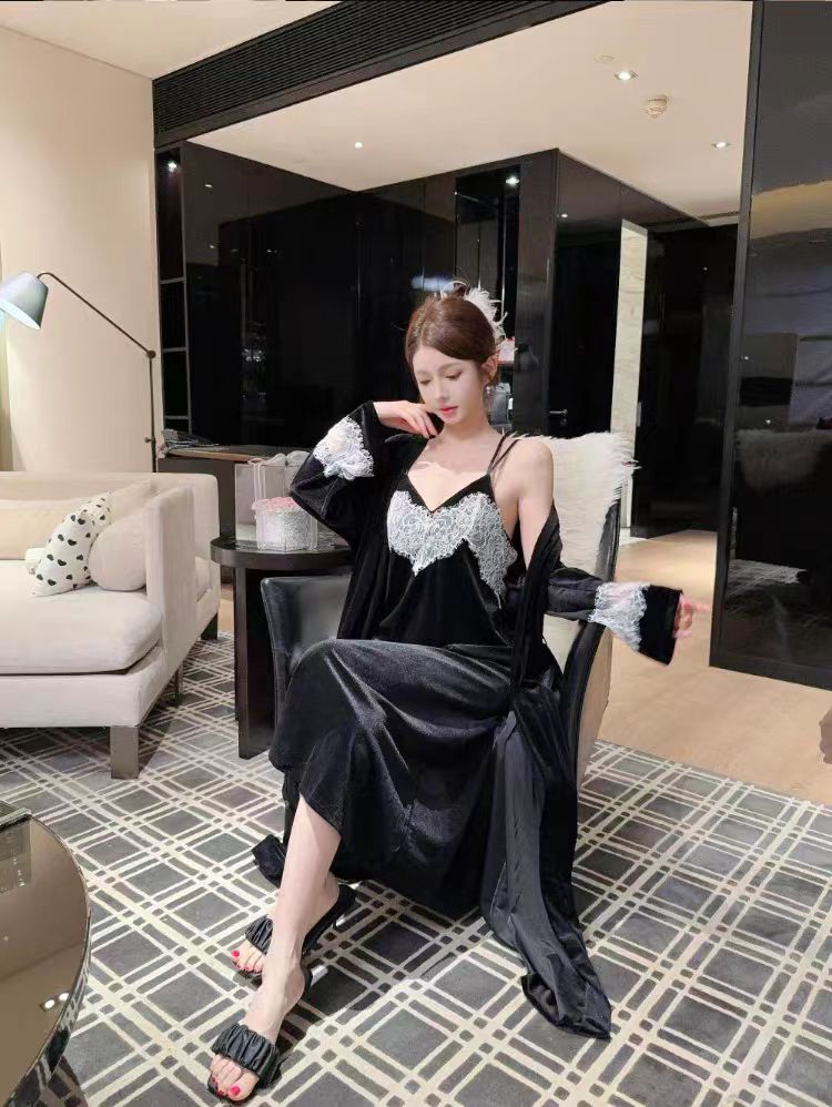 【月光女神】法式吊带长裙显瘦交叉美背性感纯欲冬季金丝绒睡裙浴袍