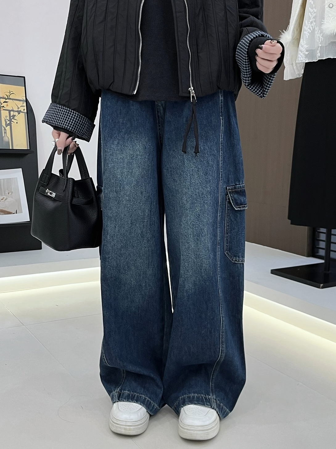 【Si&华严选】美式高街工装口袋阔腿薄绒牛仔裤高腰宽松休闲裤7012