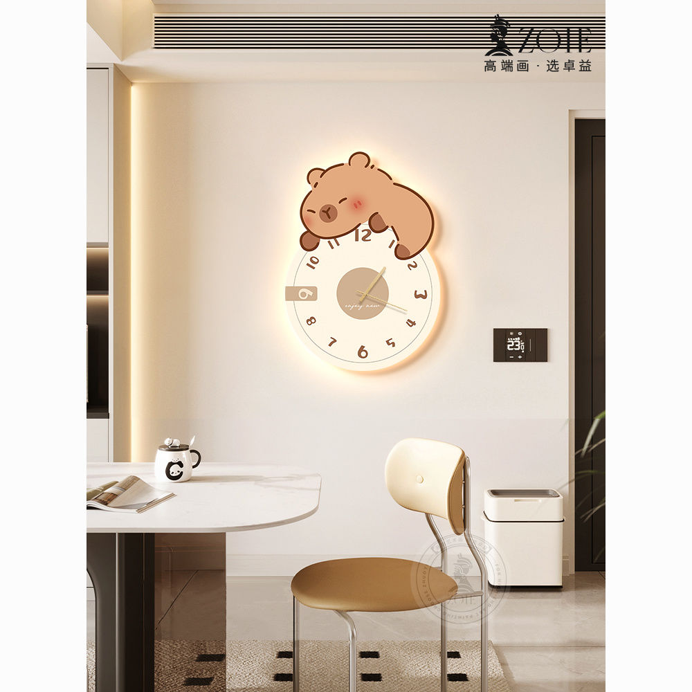 网红卡皮巴拉餐厅装饰画奶油风创意挂钟客厅卡通钟表挂墙时钟q34
