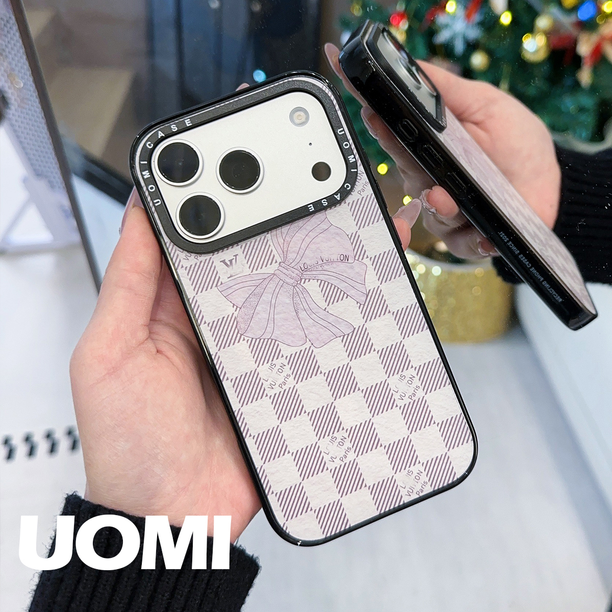 Uomi白色格纹蝴蝶结磁吸手机壳适用iPhone17promax/16pro