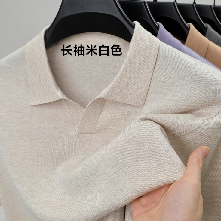 海鸥领polo衫男精纺羊毛+桑蚕丝长袖针织薄款秋冬韩版翻领打底衫