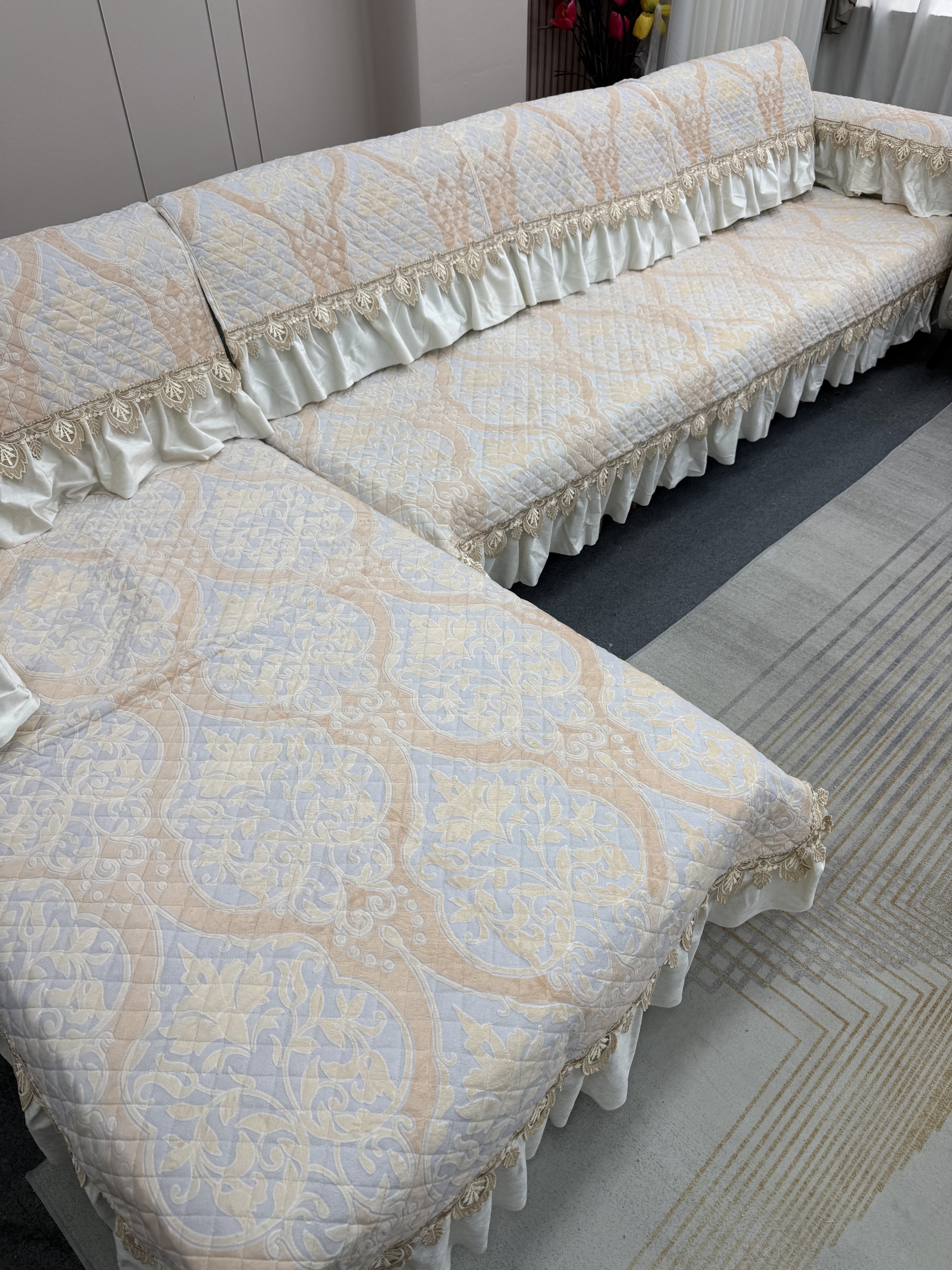 【雕花米白】毛绒沙发垫 防滑布加棉盖布皮沙发套罩坐垫靠背加厚 