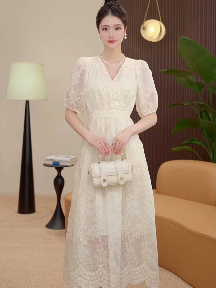 2061-70时尚夏季连衣裙蕾丝复古优雅气质长款