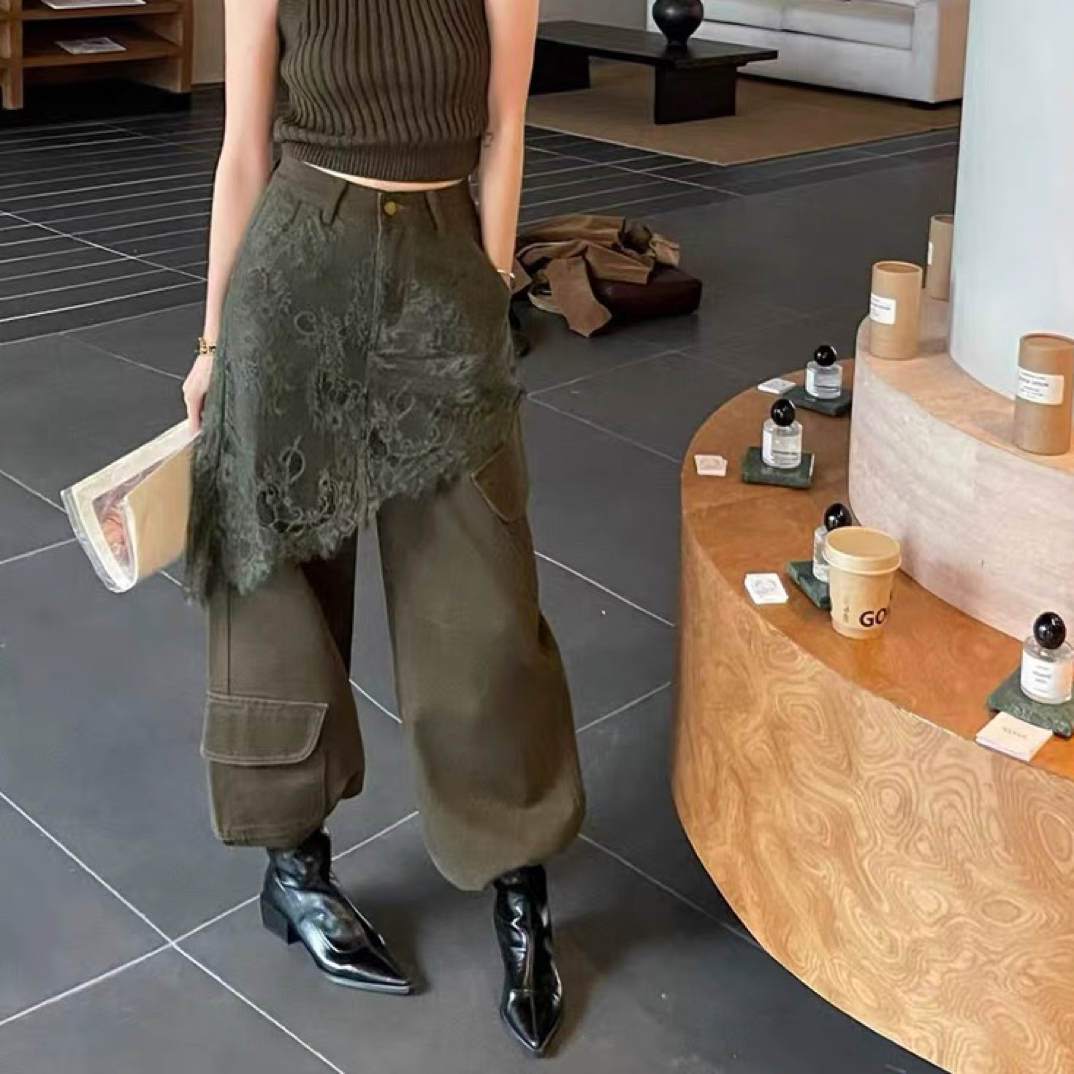 小乔家秋冬新款高腰蕾丝拼接复古洋气做旧直筒女式休闲长裤
