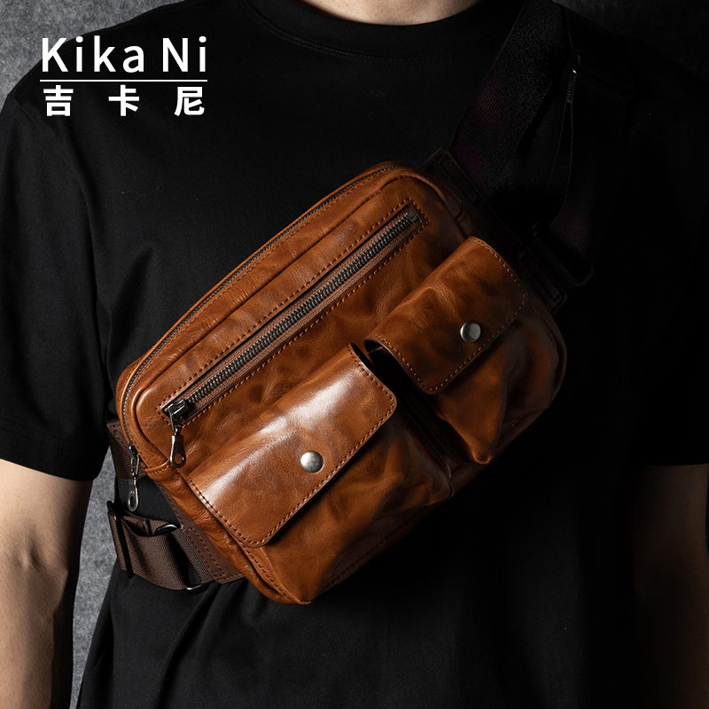 Kika Ni高级感植鞣皮腰包男士机车骑行包大容量斜挎胸包通勤邮差