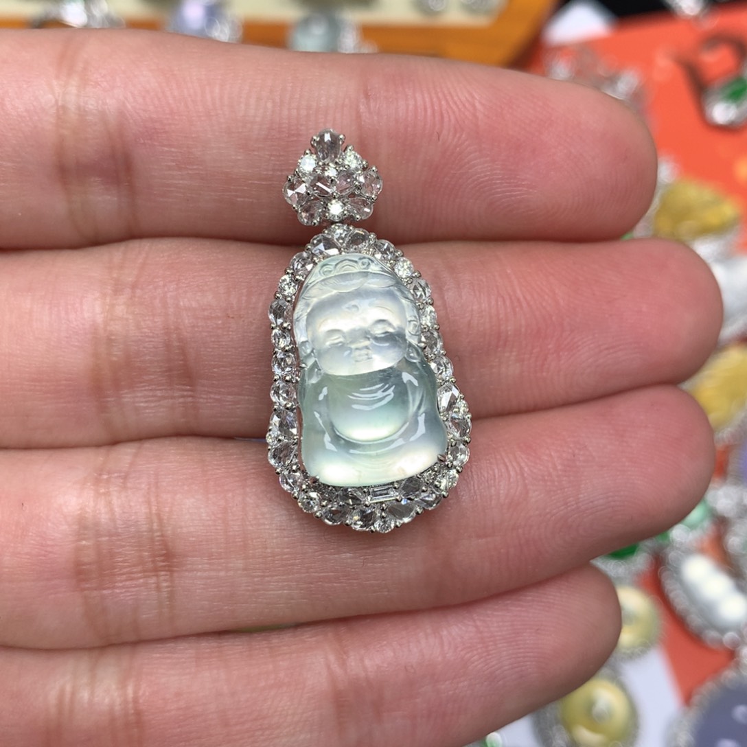 翡翠吊坠(不含链)18K金镶嵌白冰宝宝佛