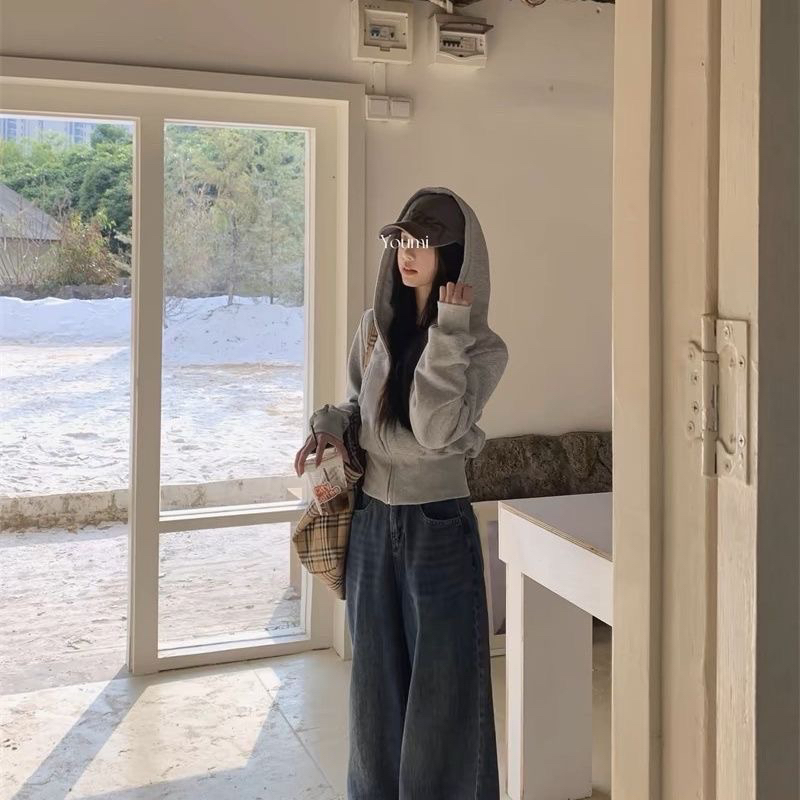 美式复古灰色连帽卫衣外套女2025春季小个子短款收腰开衫上衣