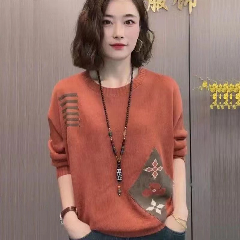 提花圆领毛衣女春秋季新款时尚遮肚名族风宽松显瘦洋气针织打底衫