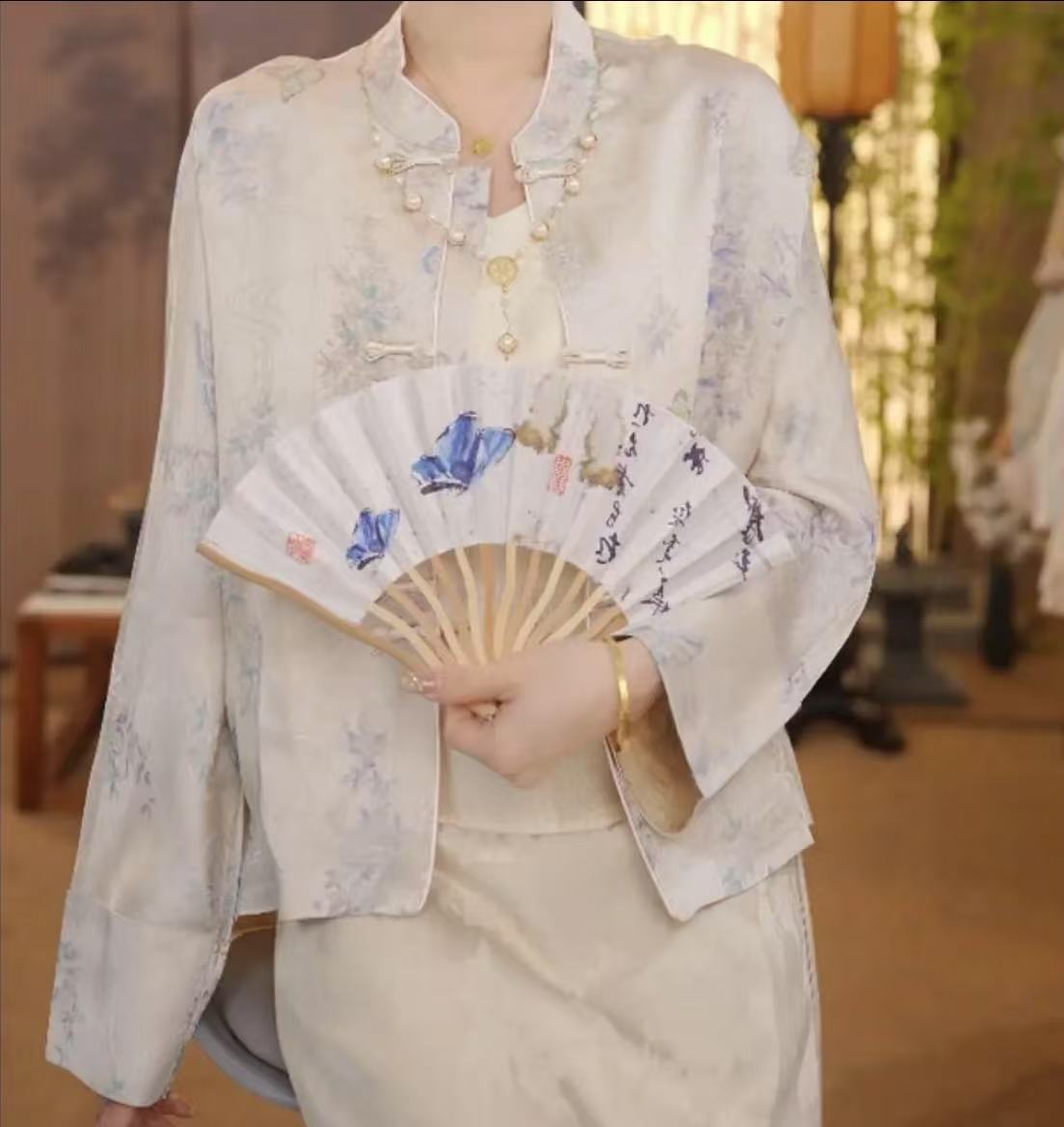 【蝶蝶起舞】薄款长袖拼接常规款直襟上衣中国风夏装衣裳唐装古风