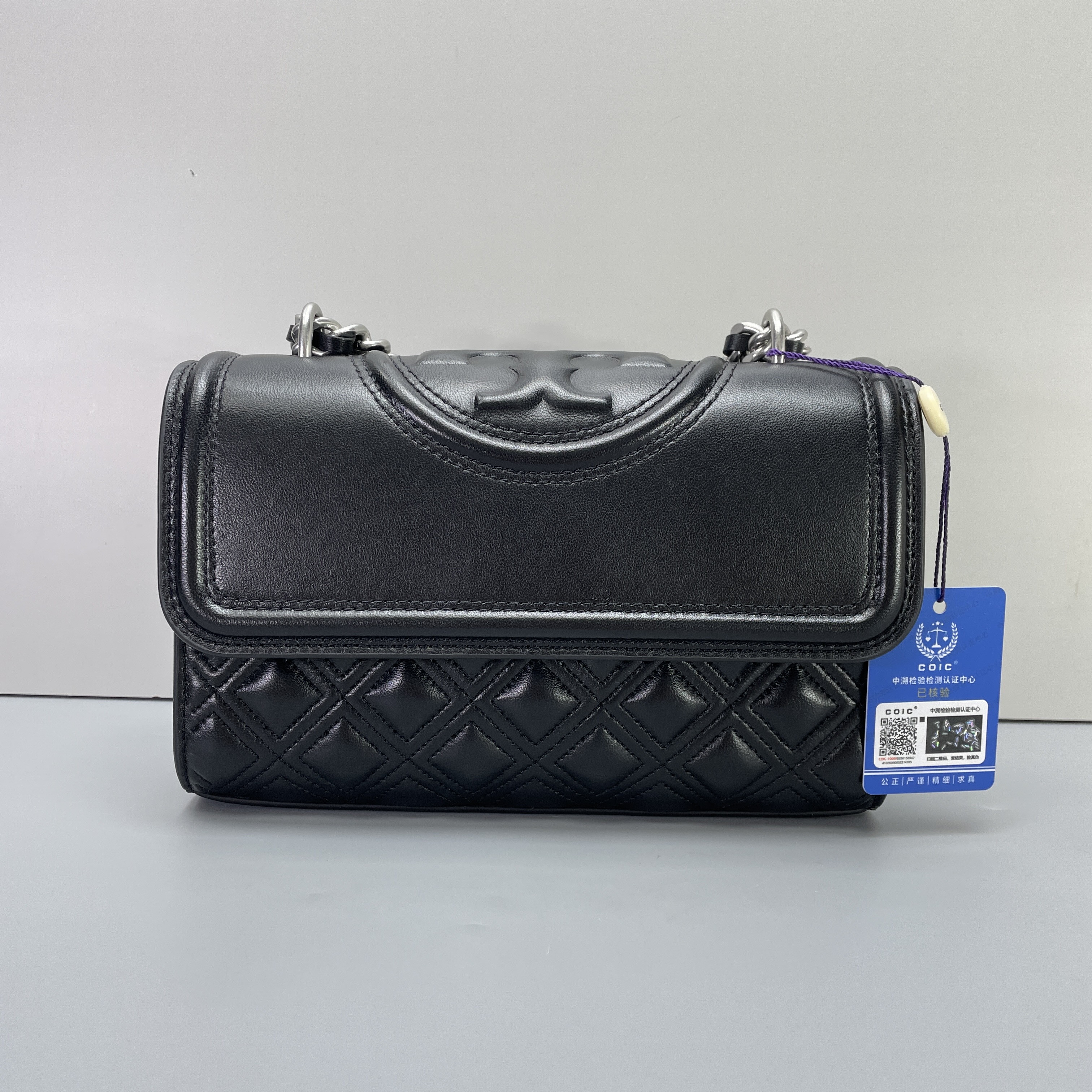 95新 TORY BURCH/汤丽柏琦 fleming黑色链条包21*18*8cmM051422