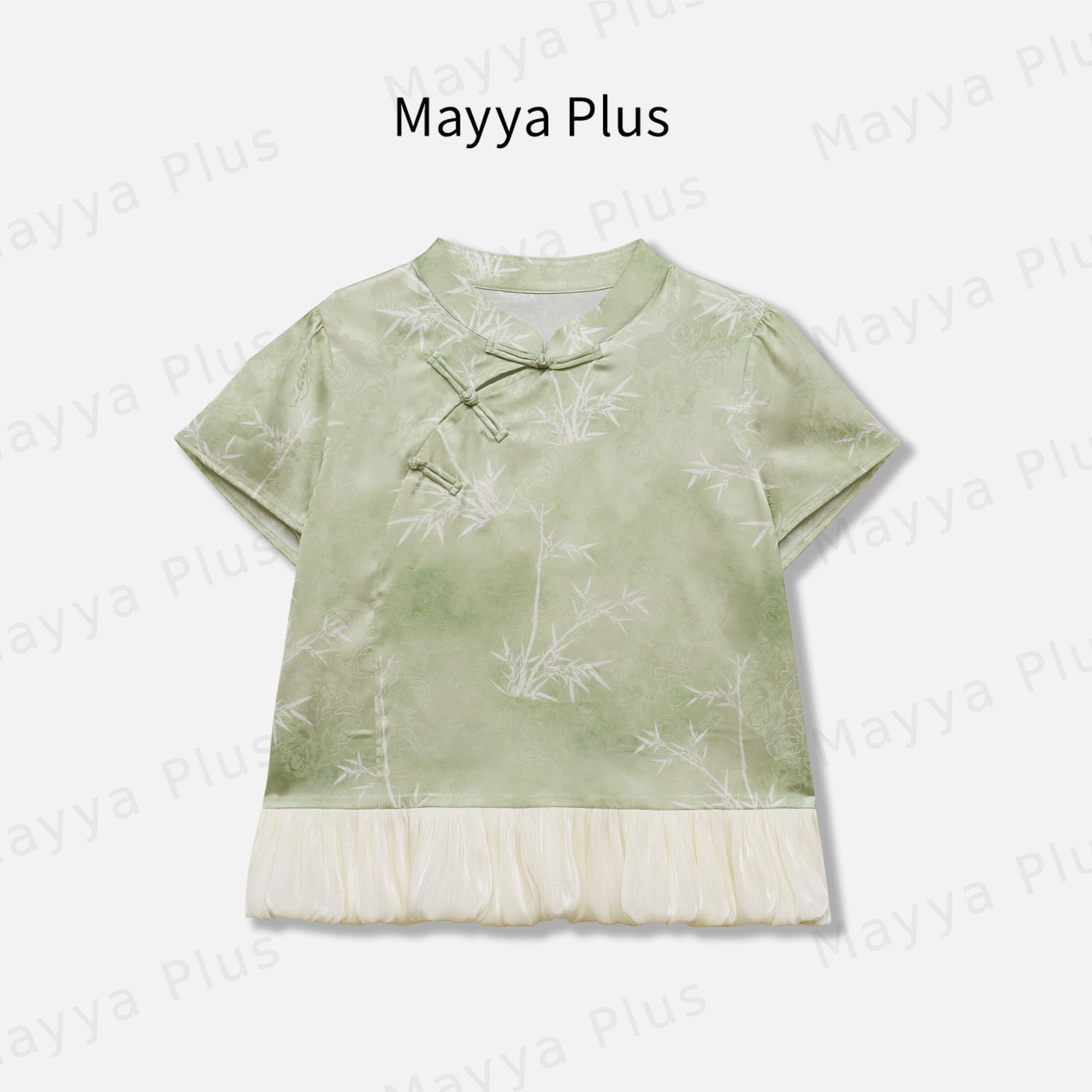 【绿竹】Mayya Plus麦芽定制国风斜襟衬衫短袖拼接花边上衣32528629