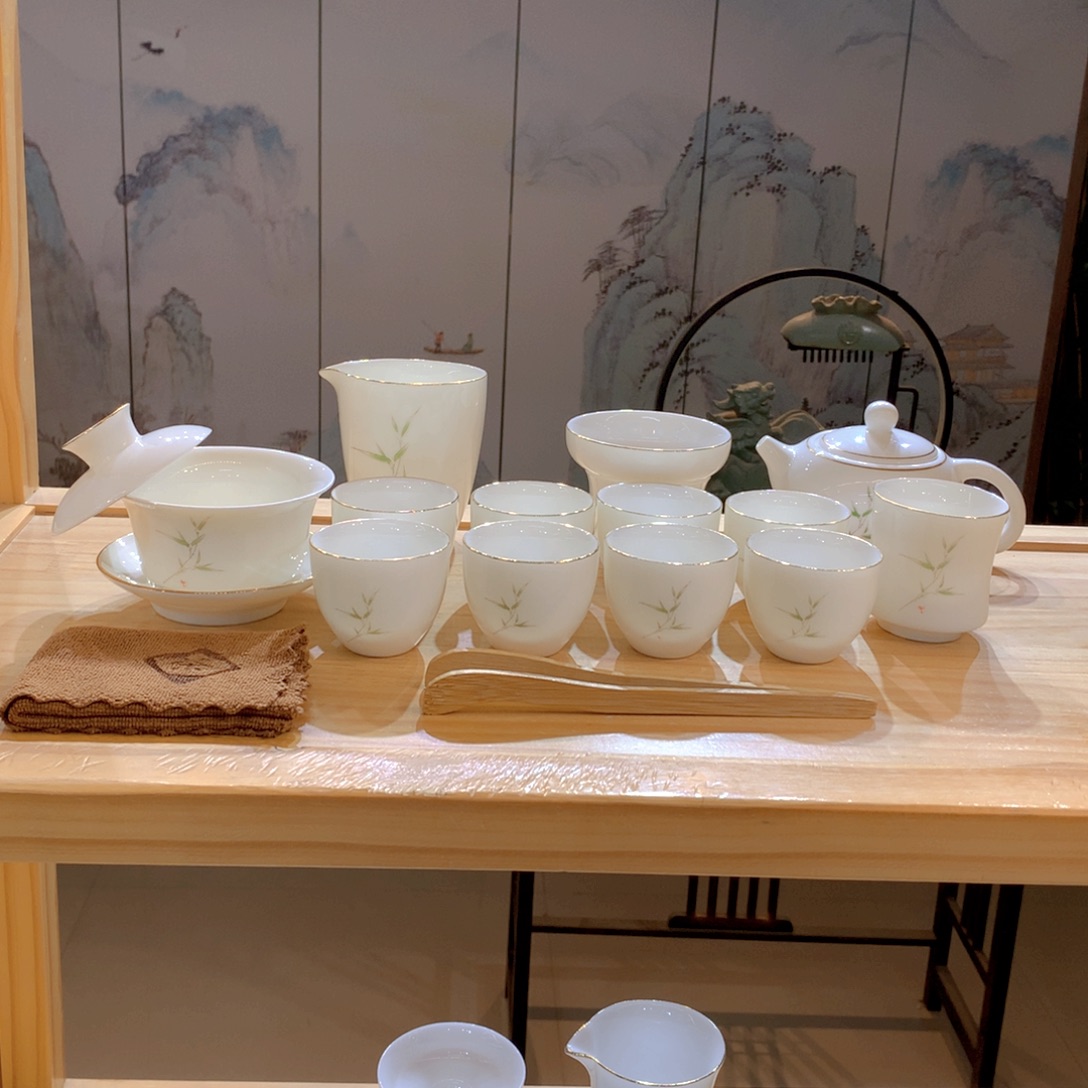 羊脂玉瓷竹报平安16件套功夫茶具