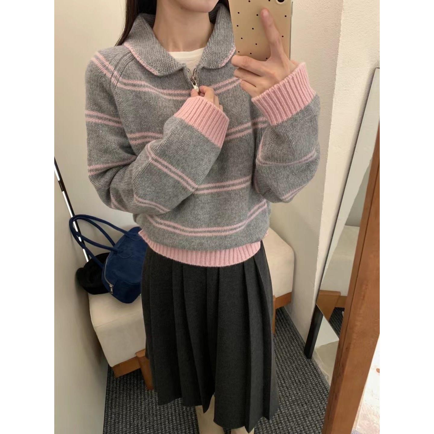 条纹Polo领半拉链软糯女毛衣秋冬百搭慵懒高级感宽松显瘦厚实上衣