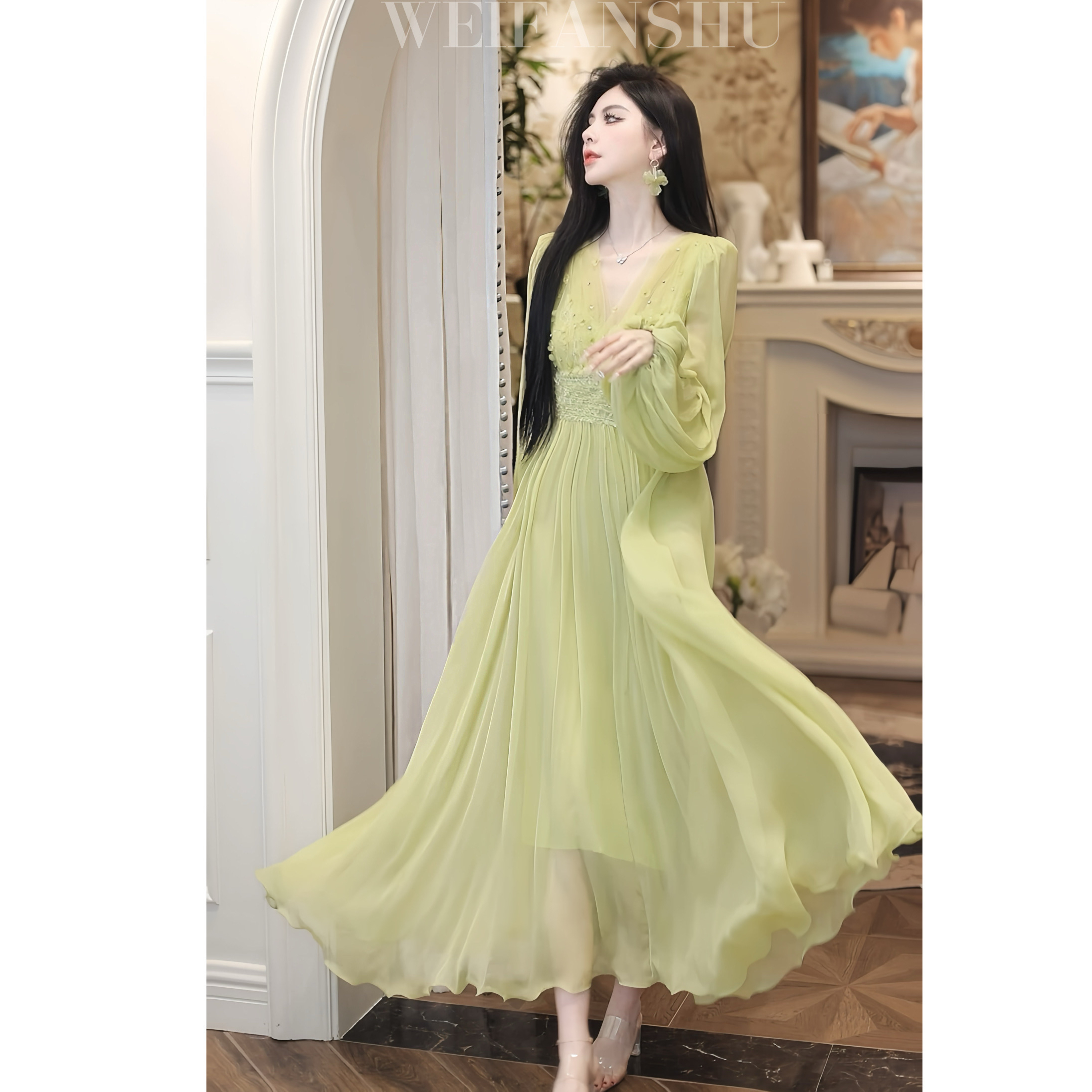 WEIFANSHU/魏凡舒【绿光精灵】连衣裙绿色夏季长款仙气收腰显瘦长裙