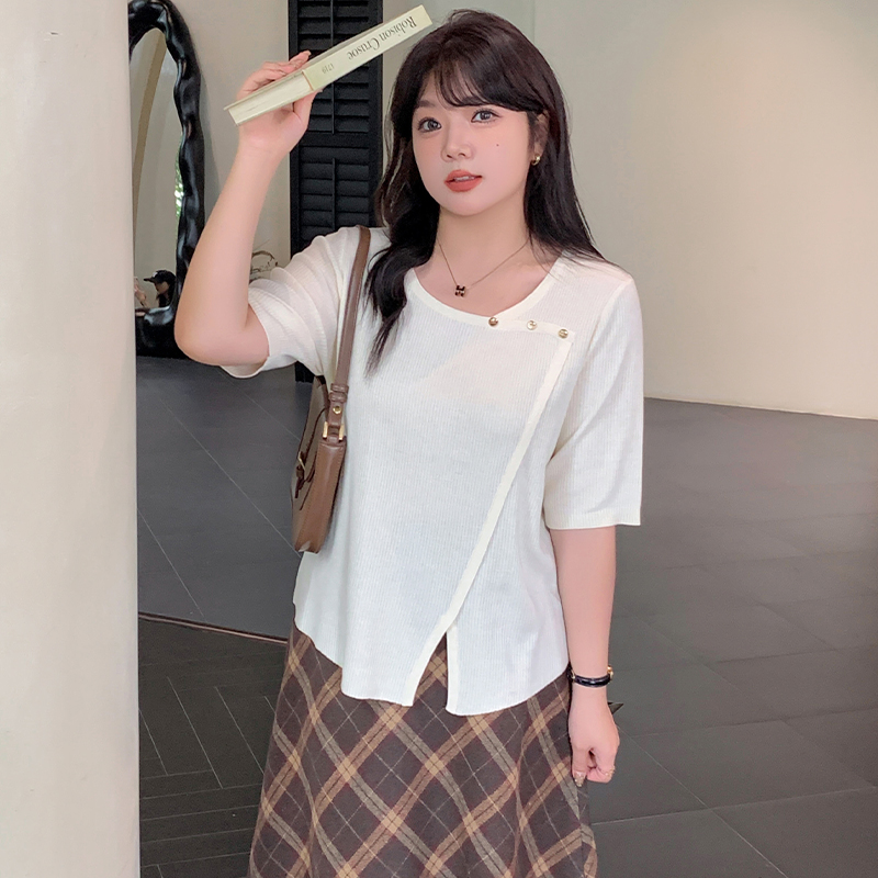 【涵胖胖】清*计感开叉短袖上衣2024早秋胖mm外穿内搭针织衫女22651