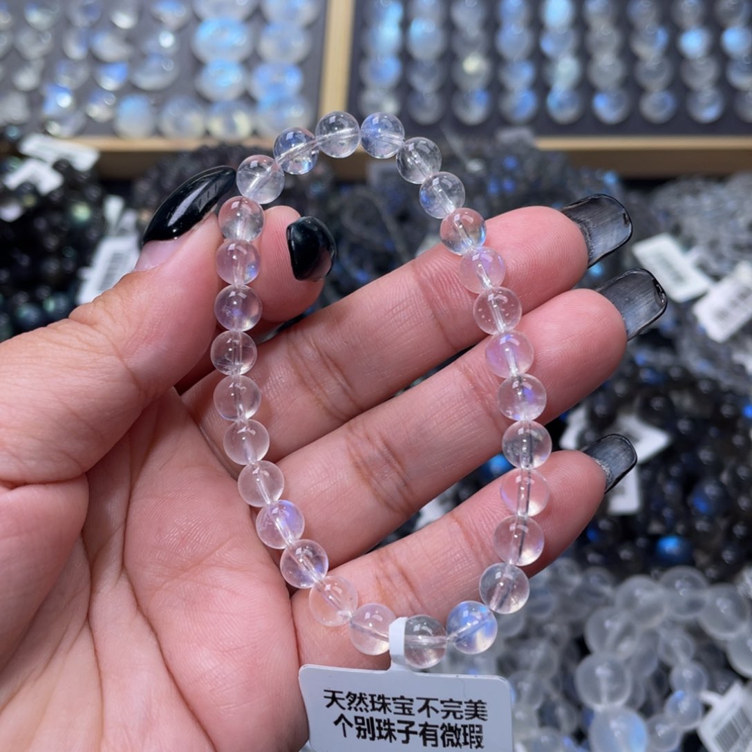 月光石手链未镶嵌T*冰透体蓝月光手链6.5mm+