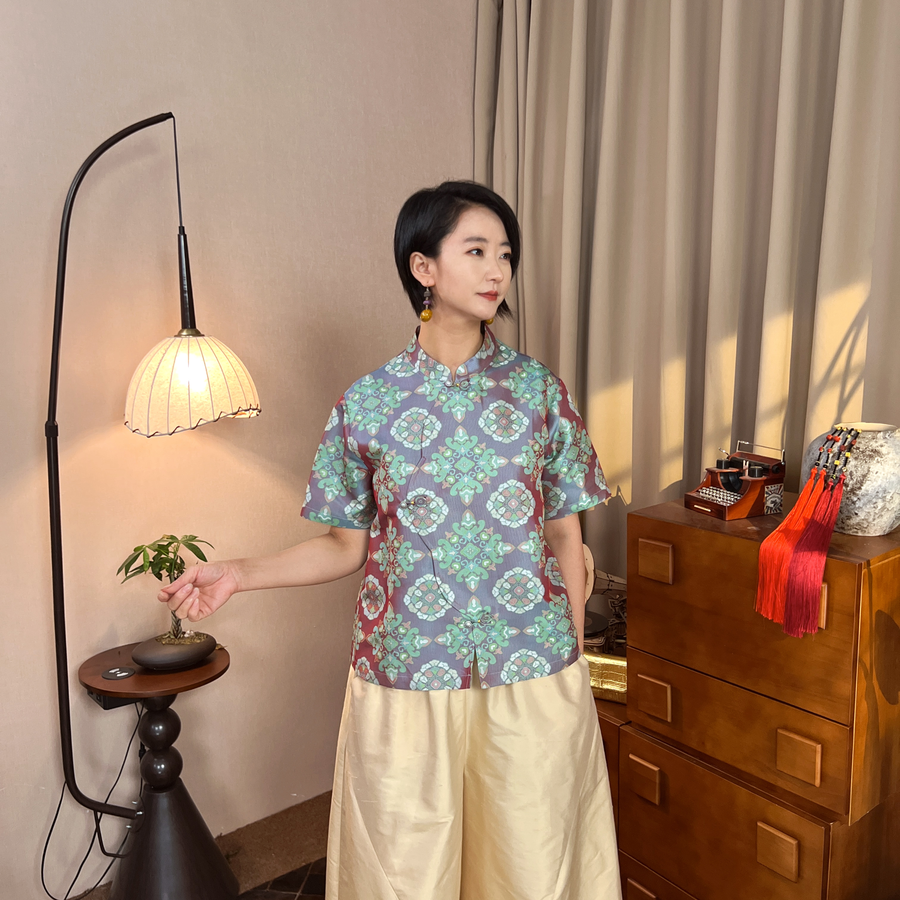 多元国风 非遗蜀锦古彩宝相花桑蚕丝衬衫上衣C20331