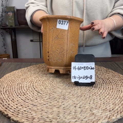 紫砂花盆柴烧菱花六方0377