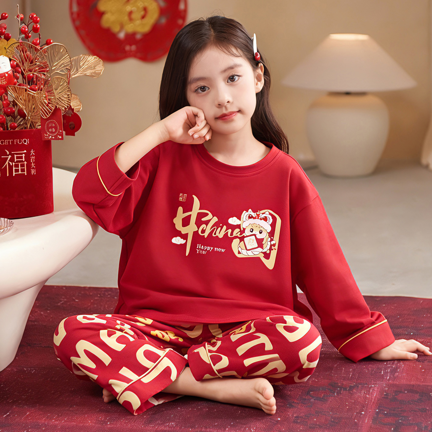 bejirog/北极绒中大童新春款亲子可外穿纯棉睡衣女童休闲居家套装