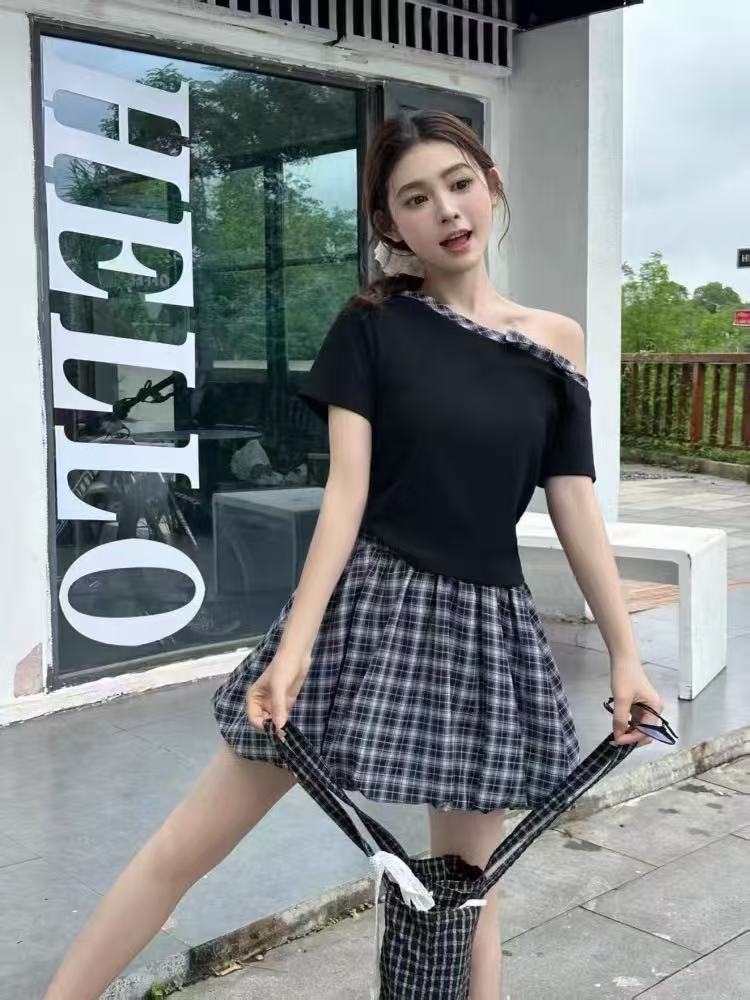 5207#2025新款时尚洋气T恤上衣短裙两件套套装