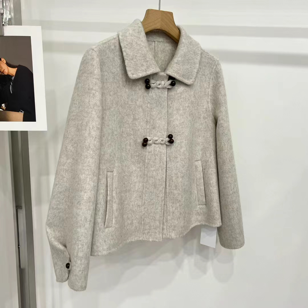 中式短款双面羊绒女春秋新款显瘦纯色小个子外套