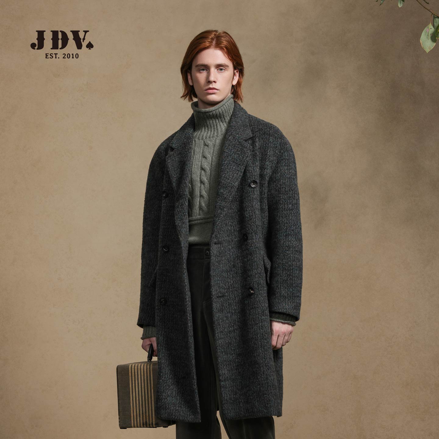 JDV商场同款2024秋冬新款男士绿色翻领双排扣大衣长款外套WCO4510