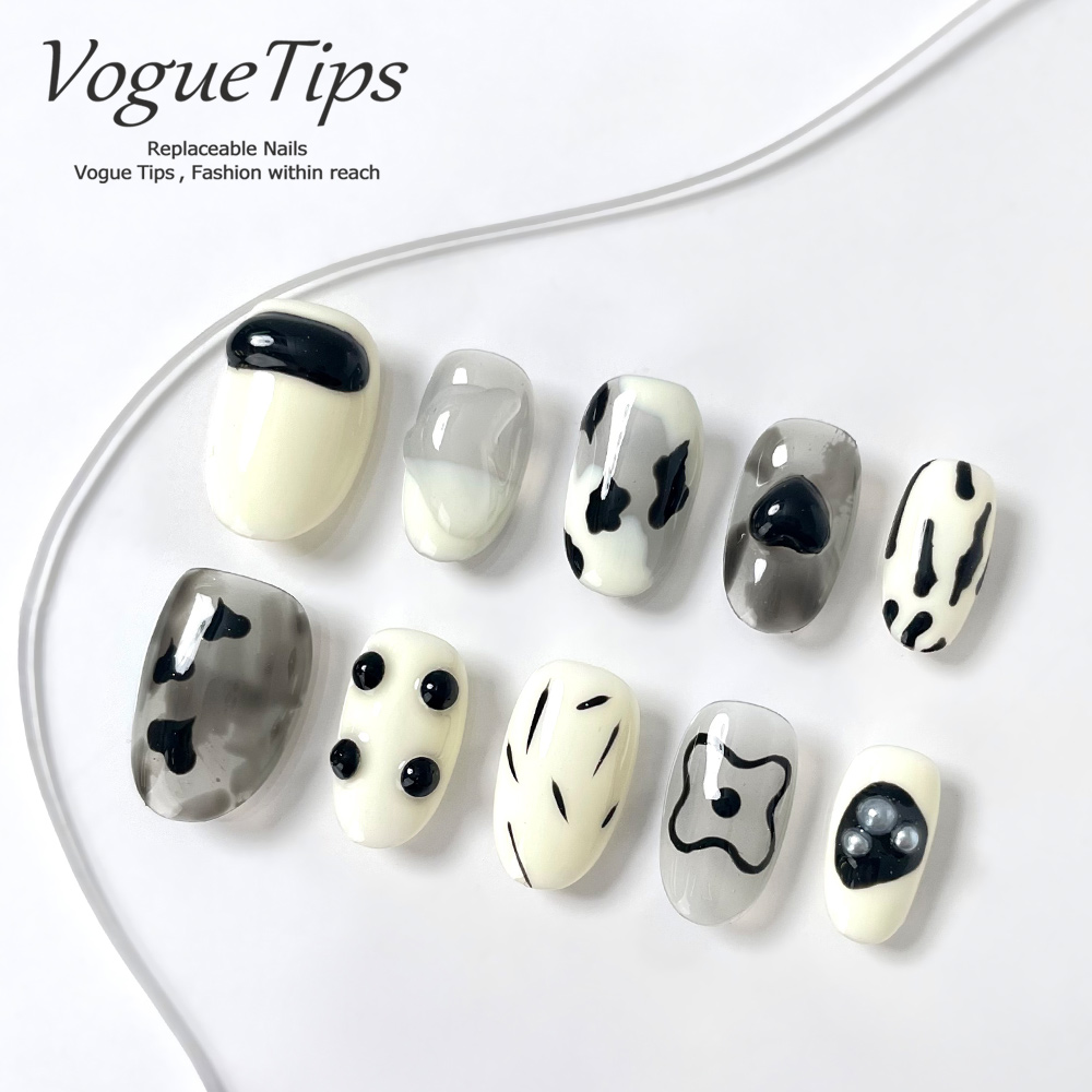 VogueTips 萌意简约ins风穿戴甲黑白可爱显白手工美甲片短圆ZB617