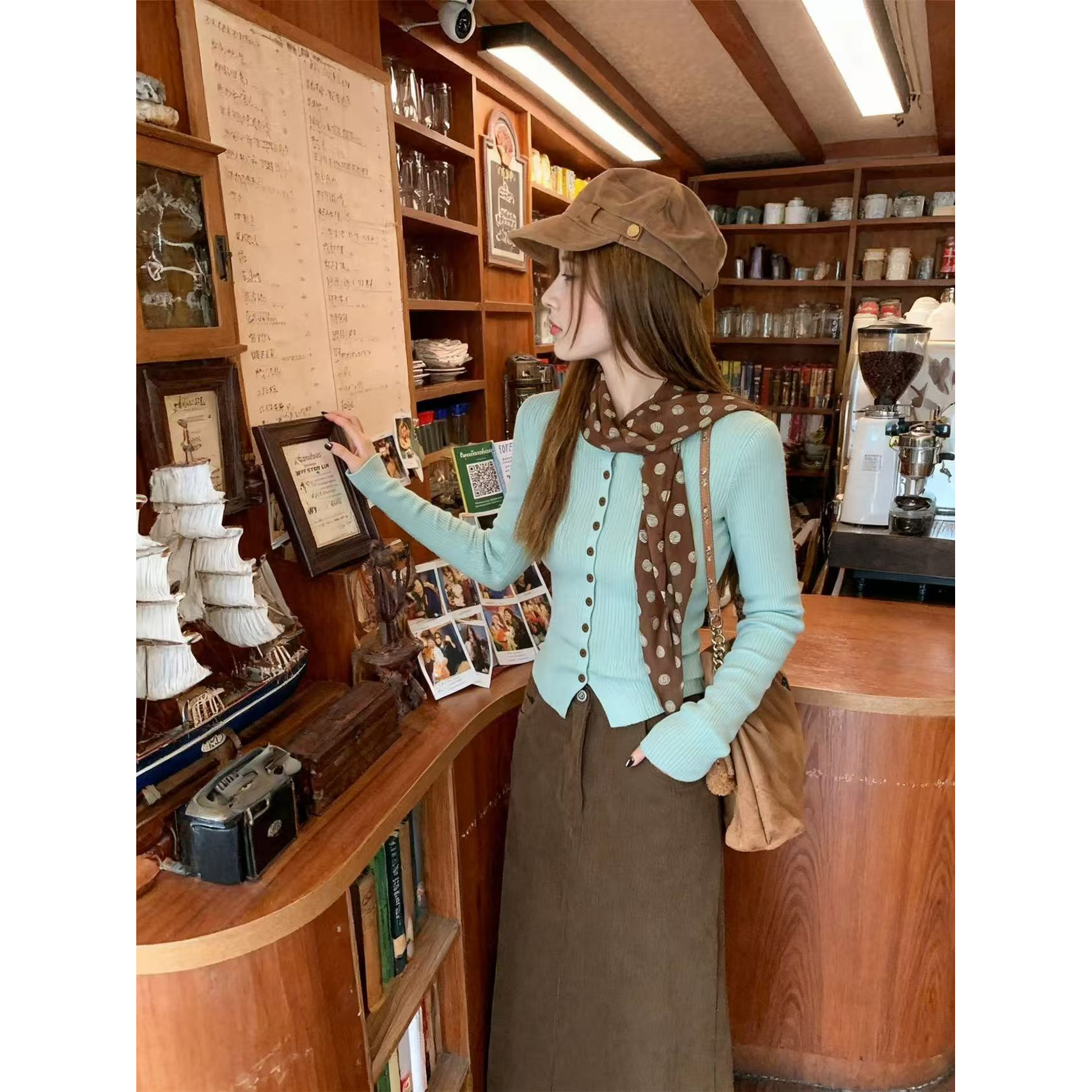 韩系绿色长袖针织衫女早秋季修身薄款毛衣开衫上衣搭半身裙套装