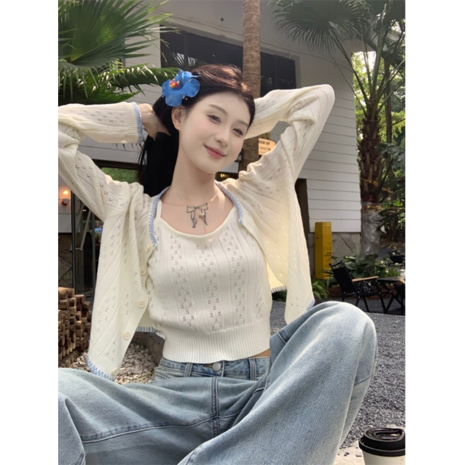 休闲套装女夏季2025新款长袖针织开衫镂空吊带背心上衣两件套