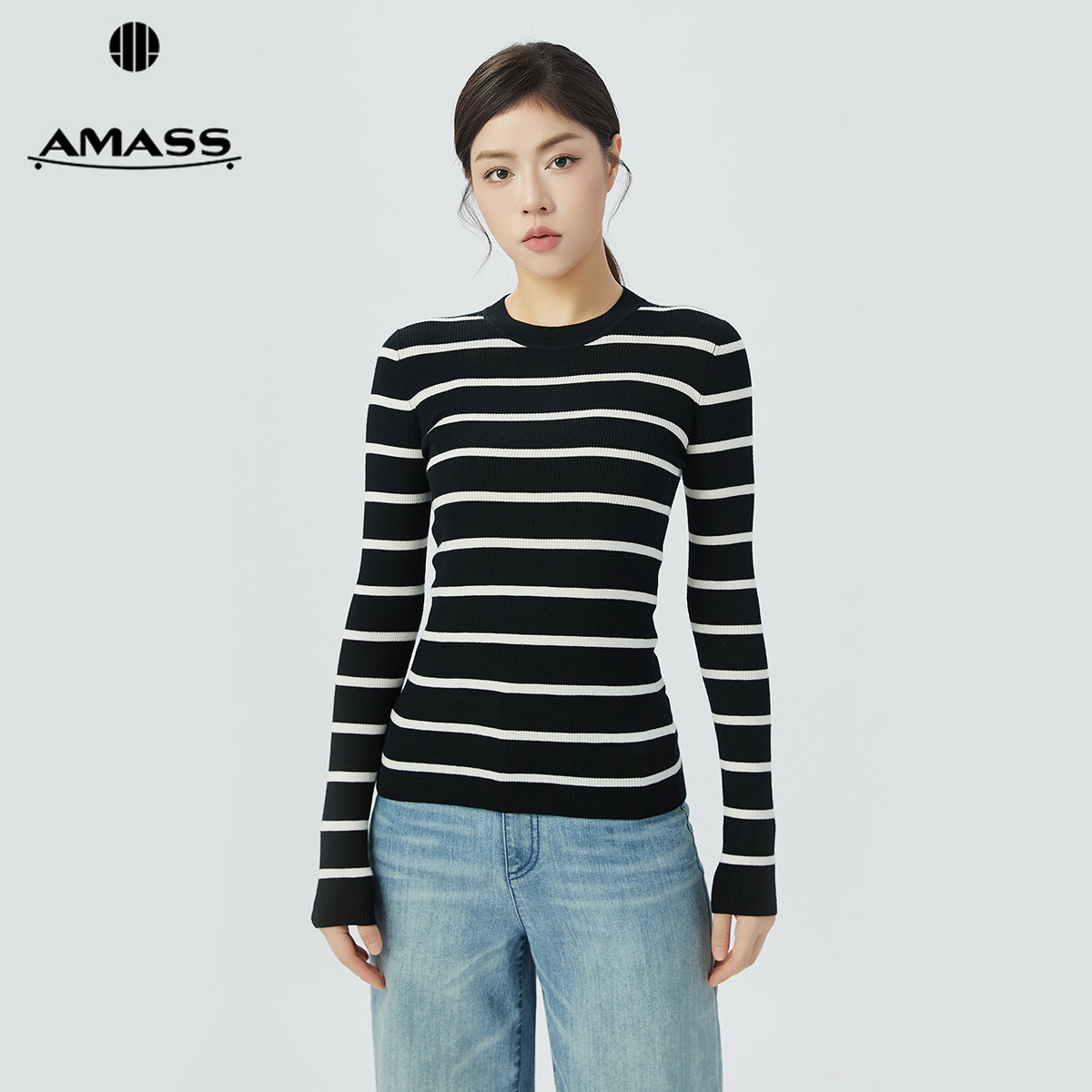 阿玛施AMASS新款女装绵羊毛圆领基础百搭条纹长袖针织衫女5399639