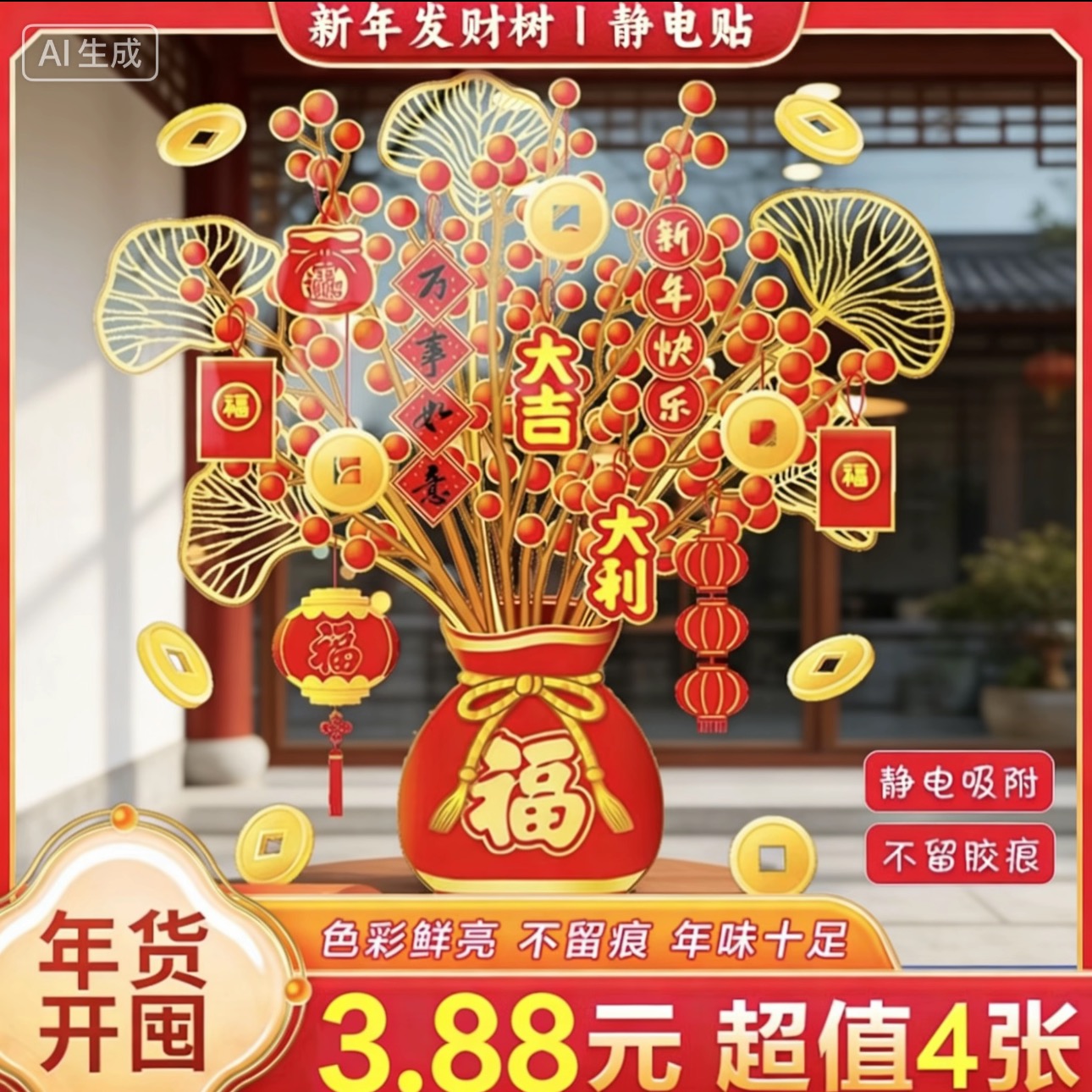 【拍一发4】2026福袋树静电贴纸新年装饰新款窗花马年玻璃门贴窗贴