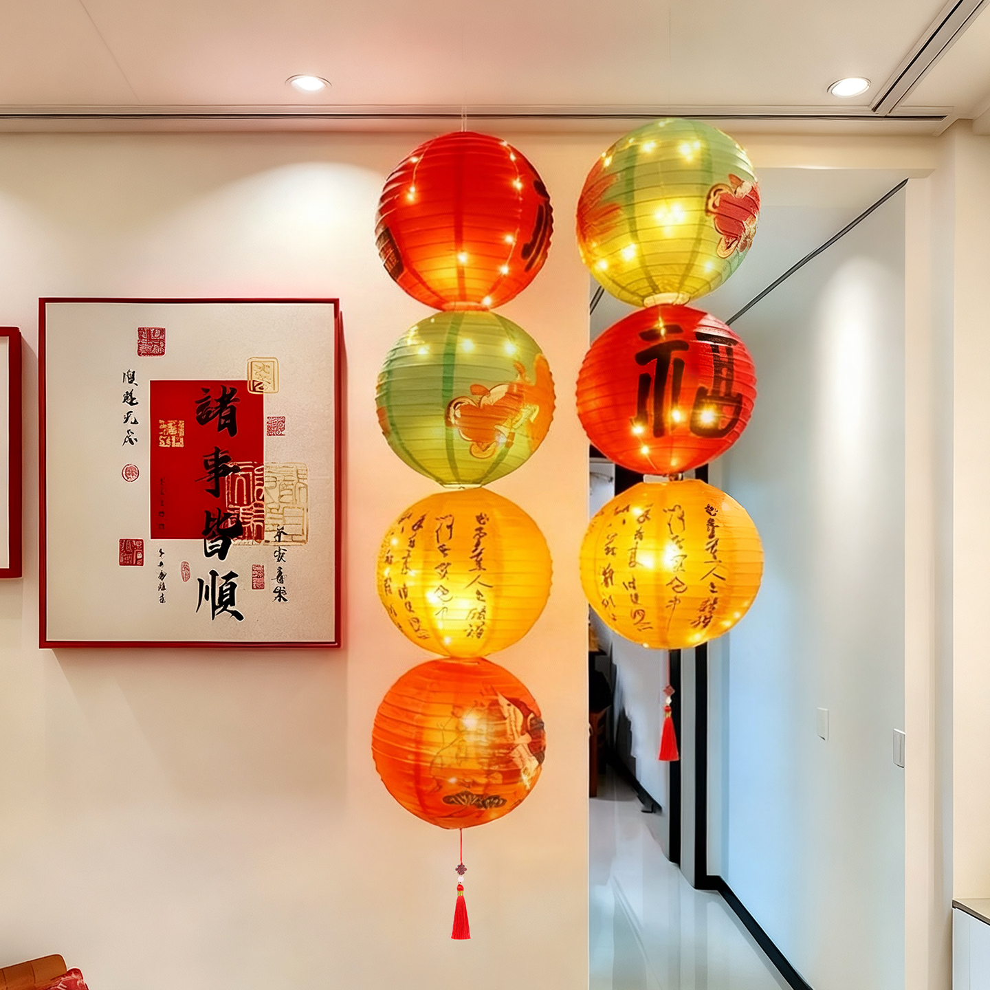 2026年中国风纸灯笼挂件新年春节大红福字发光灯串装饰品场景布置