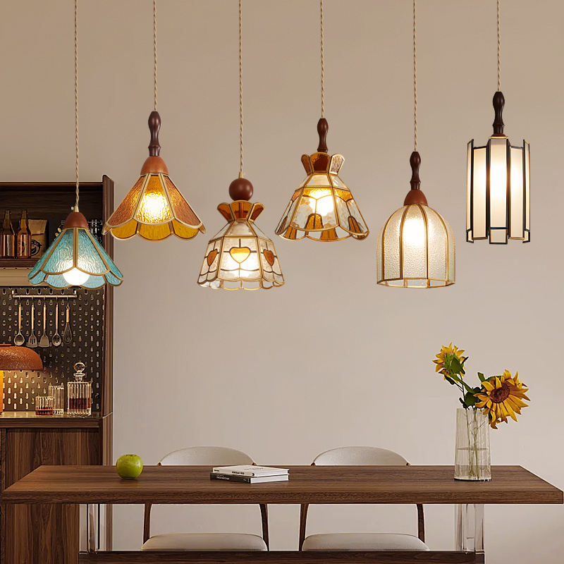 复古黄铜纯手工焊锡吊灯日式中古风床头过道餐厅吧台彩色玻璃灯