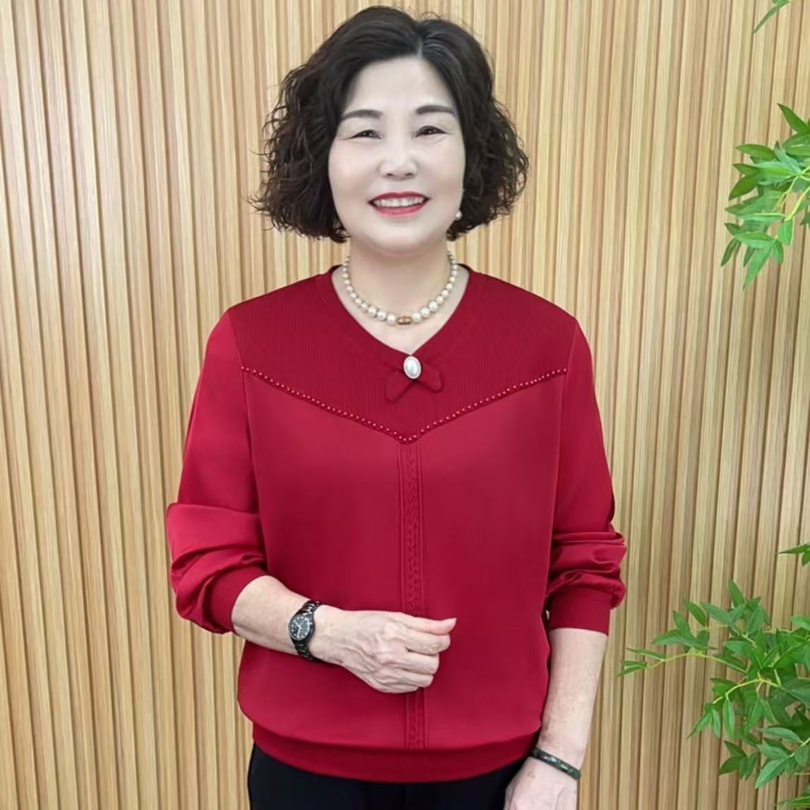 V领时尚纯色休闲风T恤中老年女装小衫时尚洋气秋季V8806