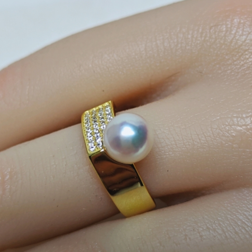 7-8mm海水珍珠樱花粉色akoya戒指s925银金色线条戒托时尚简约风