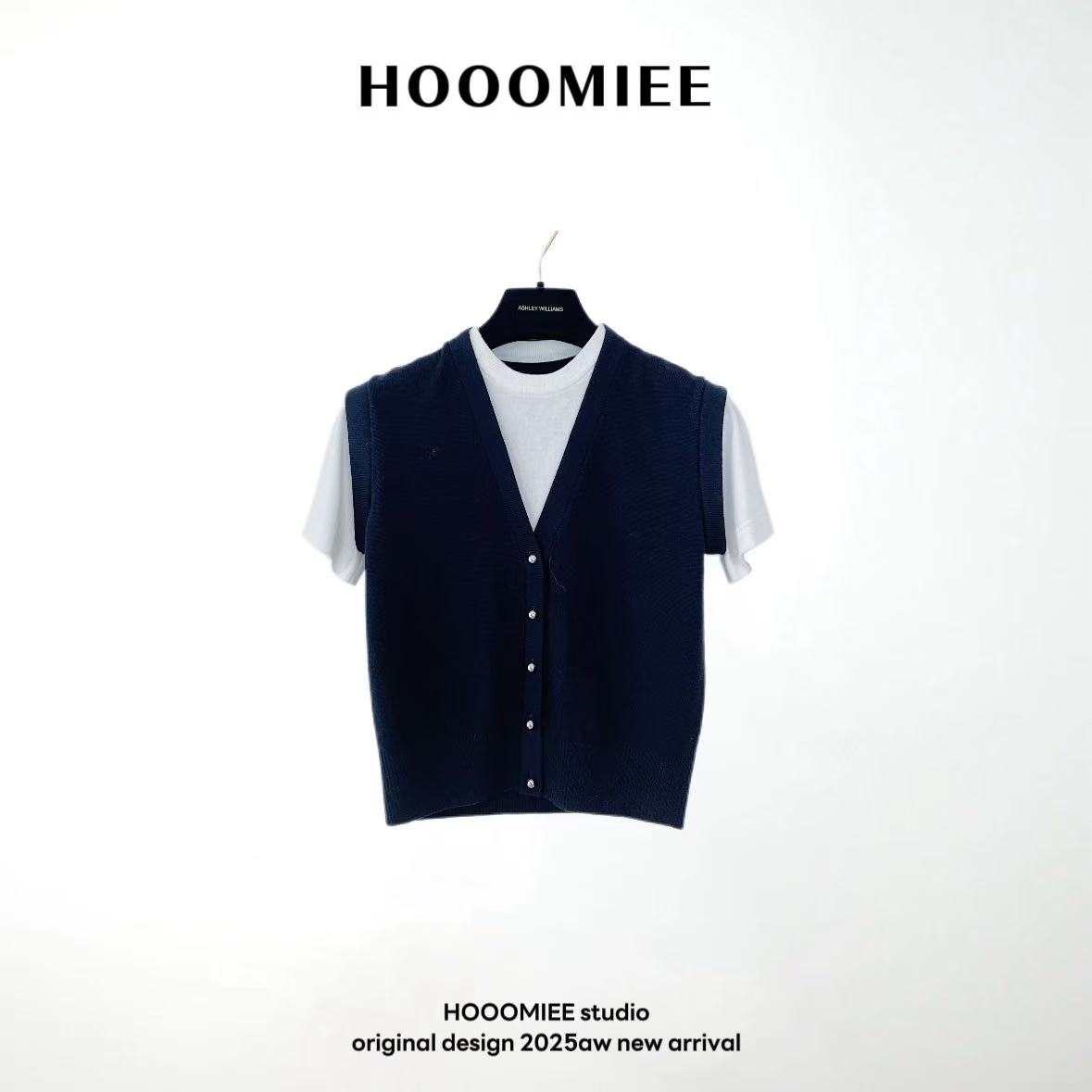 Hooomiee法式假两件针织衫女士V领简约搭配时尚短袖上衣J25004