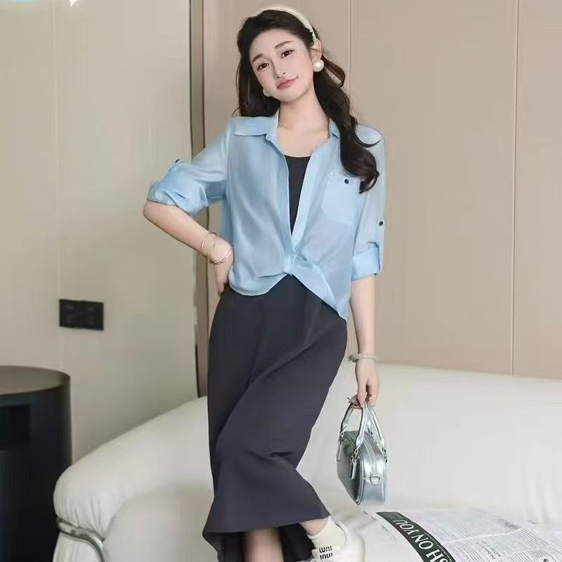 56极简风文艺风法式轻职风时尚套装套装衬衫韩版开叉