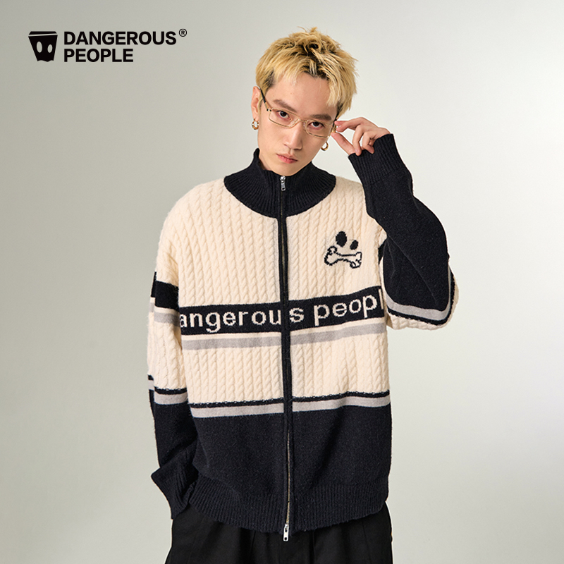 Dangerouspeople薛之谦dsp双拉链提花毛衣潮牌落肩宽松针织开衫
