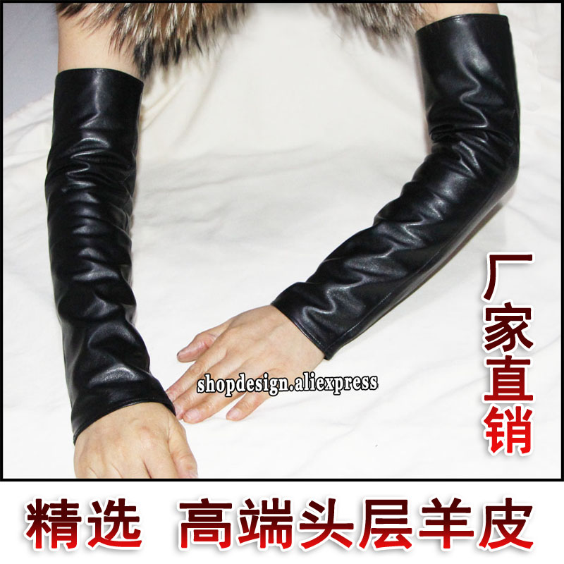 女士真皮手套长款羊皮冬季加绒加厚保暖露指手臂套袖套腕套皮袖子