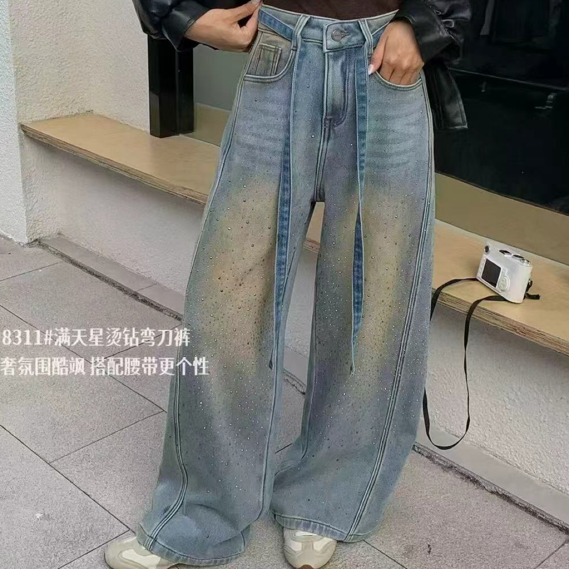 新款韩版加绒款潮流满天星弯刀牛仔裤（裤长102公分）