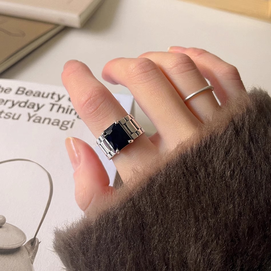 925银戒指 ins小众设计师款高级感黑石戒指 小版932403