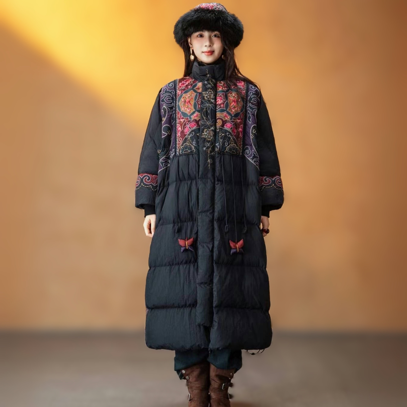 千椿物喜新中式长款羽绒服女2025冬季国风刺绣外套民族风保暖大衣