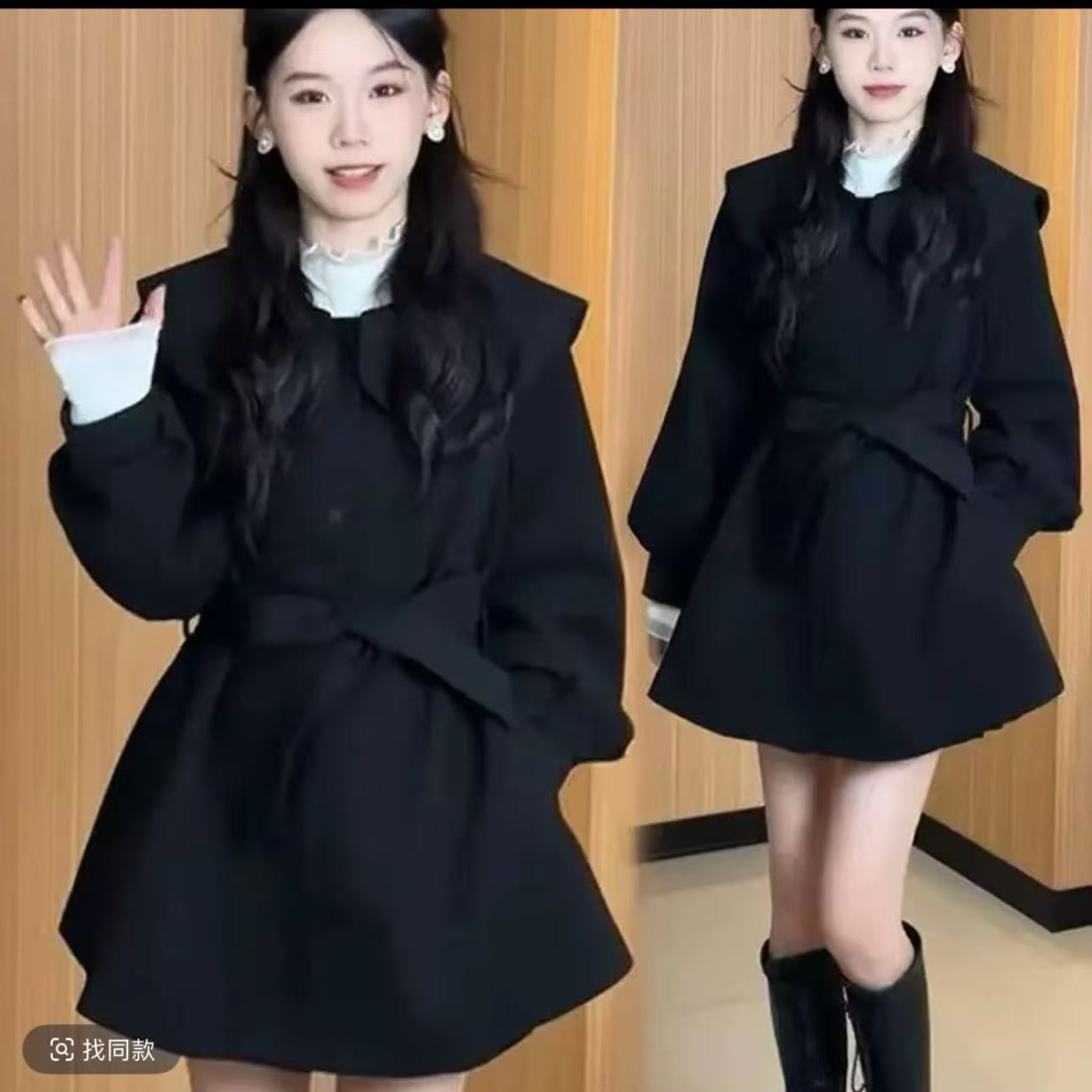 娃娃领毛呢外套女大码夹棉收腰系带呢子大衣秋冬新款洋气百搭气质