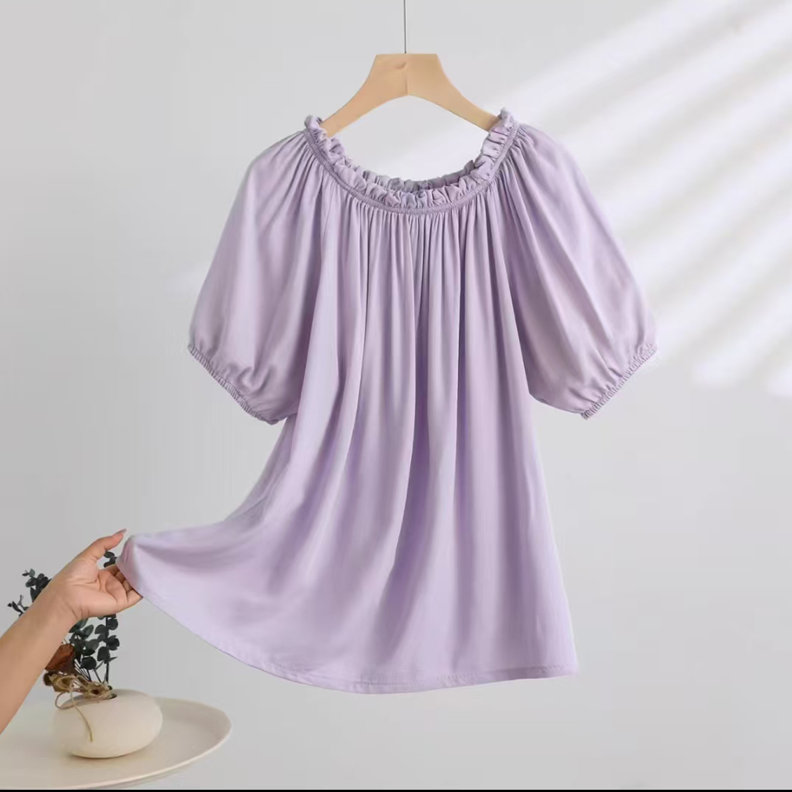 棉绸夏季宽松时尚纯色泡泡短袖显瘦一字肩人造棉上衣