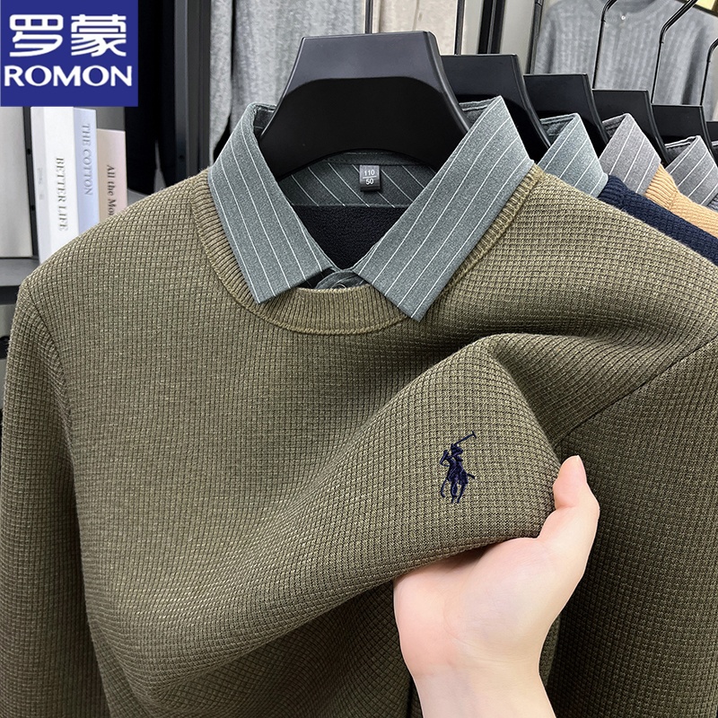 罗蒙刺绣小马标！雪貂绒衬衫领条纹冬季毛衣针织衫休闲假两件上衣