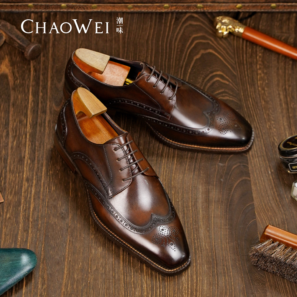 新款商务男士皮鞋潮流英伦风休闲雕花手工系带皮鞋德比鞋23B-H201