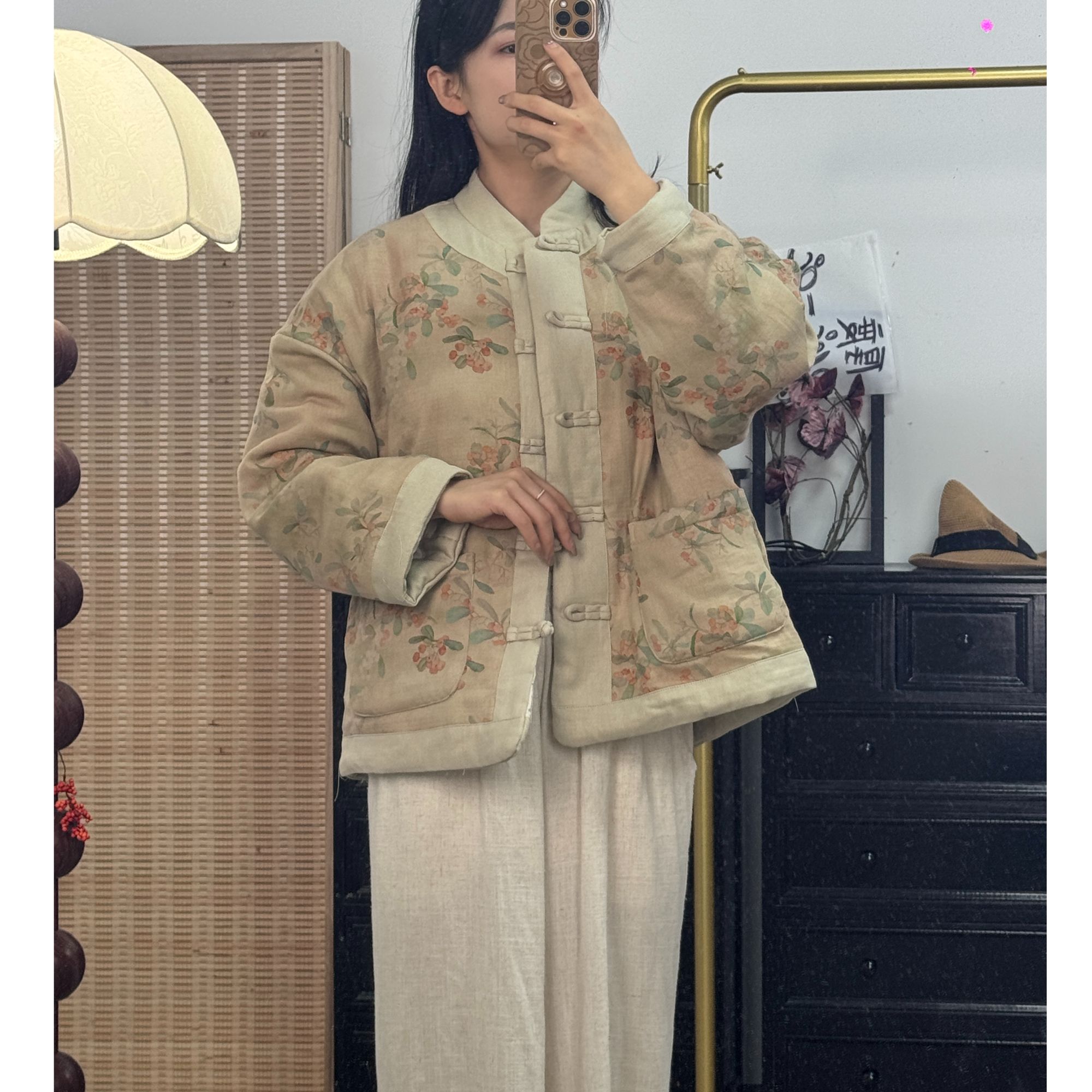 A6020新中式秋冬款国风斜纹棉麻加厚棉服外套